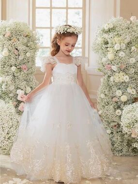 Girls Lace Applique Flower Girl Dresses Wedding First Communion Dress Tie Back